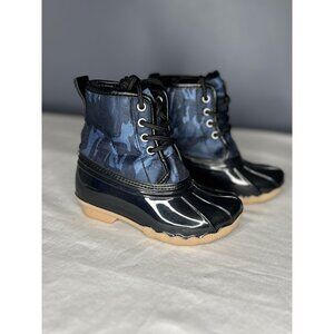 Epicstep Boots Kids Size 8 Black Blue Camo Duck Boot Rain‎ Snow Lace Up Rubber